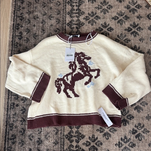 Princess Polly Sweaters - Princess Polly Cream Crewneck Sweater with Brown Horse Motif